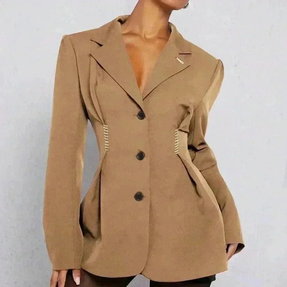 Camel Elegant Women's Pleated Flare Hem Button Up Blazer - Picture 2 of 5